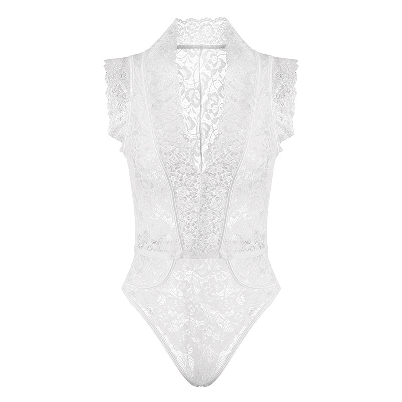 White Summer Tight Lace Hollow Bodysuit Female Sexy Jumpsuit Sheer Floral Women Bodycon Night Party Club Outfit Rompers