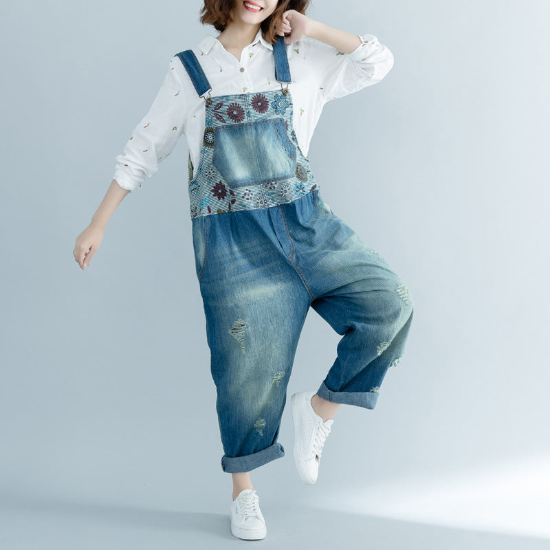 Wide Leg Bib Denim Overalls Large Size Baggy Cowboy Strap Trousers Bleached Ripped Hole Jean Jumpsuits Hanging Crotch Rompers