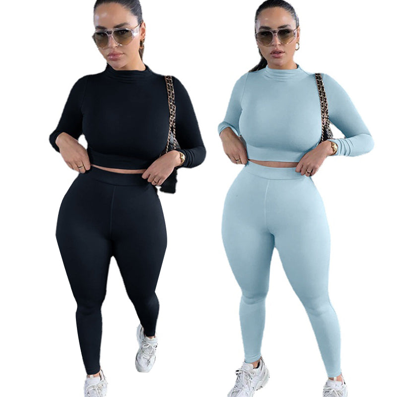 Wide Leg Pant And Crop Top Two Piece Set Long Sleeve Autumn Solid Casial Elegant Turtleneck Minimalist Classic Outfit For Women