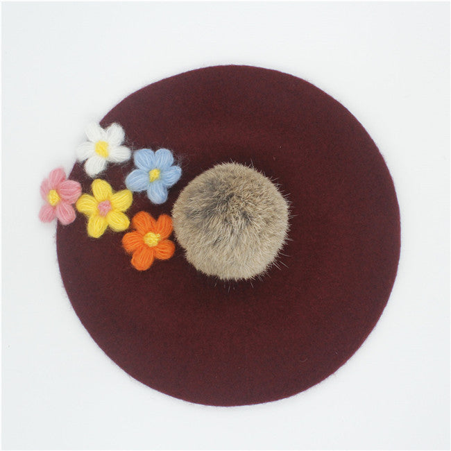 Winter Warm Wool Women'S Top Fur Ball Pom Poms Beret Hat For Laday Artist Embroidery Cap With Handwork Flower Beanie Hats 20