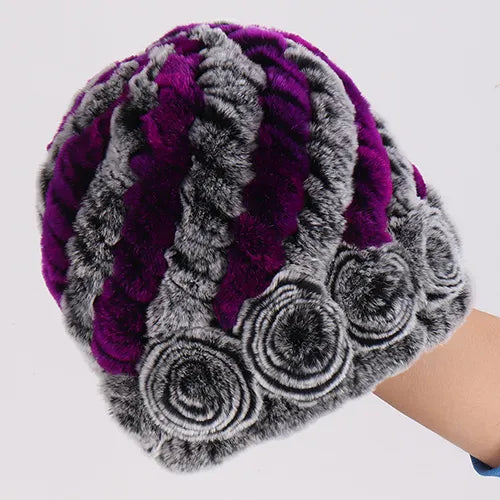 Winter Women 100% Natural Real Fur Hats Lady Warm Soft Knit Flower Striped Genuine Rex Rabbit Fur Caps Outdoor Fur Beanies Hats