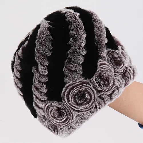 Winter Women 100% Natural Real Fur Hats Lady Warm Soft Knit Flower Striped Genuine Rex Rabbit Fur Caps Outdoor Fur Beanies Hats