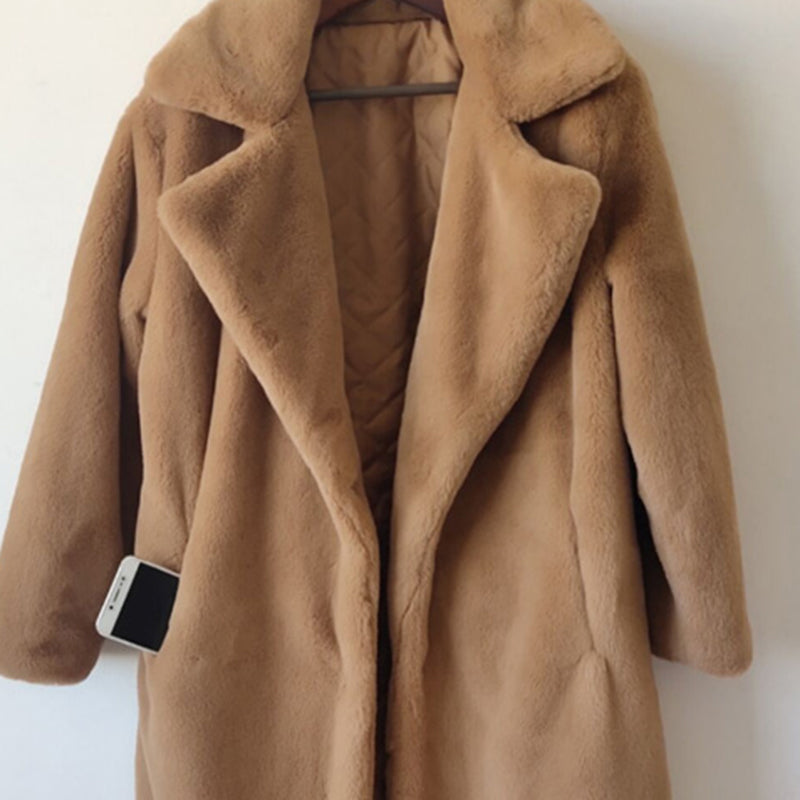 Winter Women Faux Rabbit Fur Coat Lengthen Knee Fur Coat Loose Lapel Overcoat Thick Warm Fur Coat Female Plush Coats