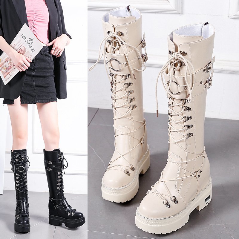 Winter Women Knee High Boots Wedges High Heels 10Cm Platform Lace Up Long Boots Autumn Women Leather Sneakers Motorcycle Boots