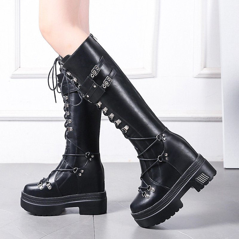 Winter Women Knee High Boots Wedges High Heels 10Cm Platform Lace Up Long Boots Autumn Women Leather Sneakers Motorcycle Boots