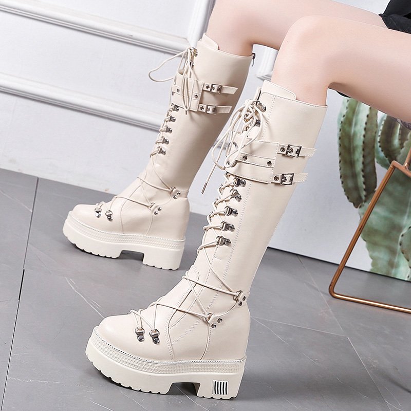 Winter Women Knee High Boots Wedges High Heels 10Cm Platform Lace Up Long Boots Autumn Women Leather Sneakers Motorcycle Boots