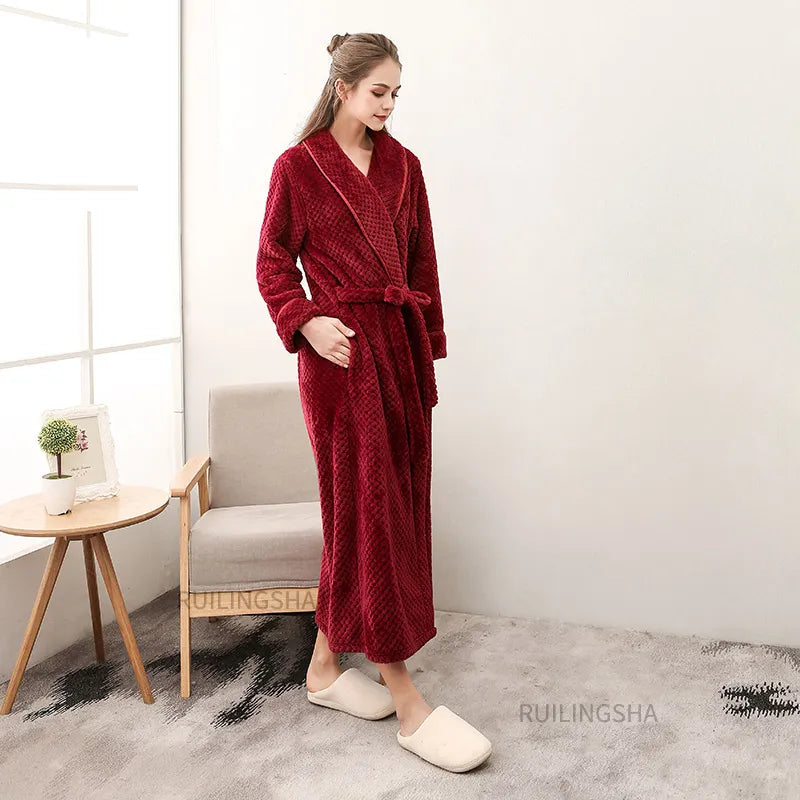 Winter Women Super Long Sea Shell Coral Fleece Bath Robe Plus Size Warm Flannel Bathrobe Kimono Dressing Gown Men Night Robes