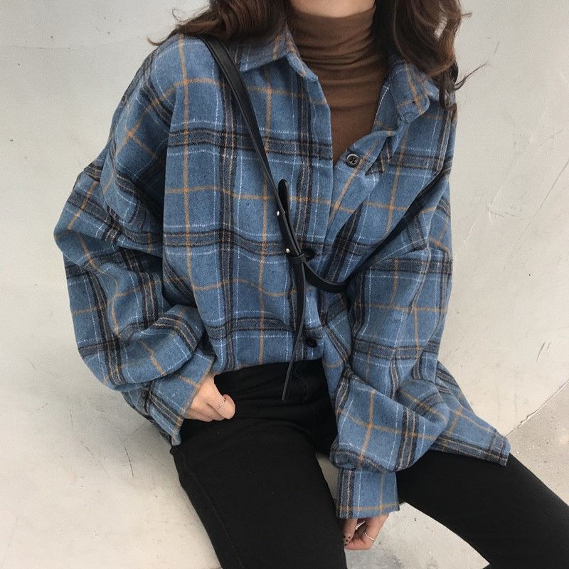 Women Blouses Turn-Down Collar Spring Shirts Plaid All-Match Bf Batwing-Sleeve Loose Outwear Female Chic New Long Sleeve Jacket