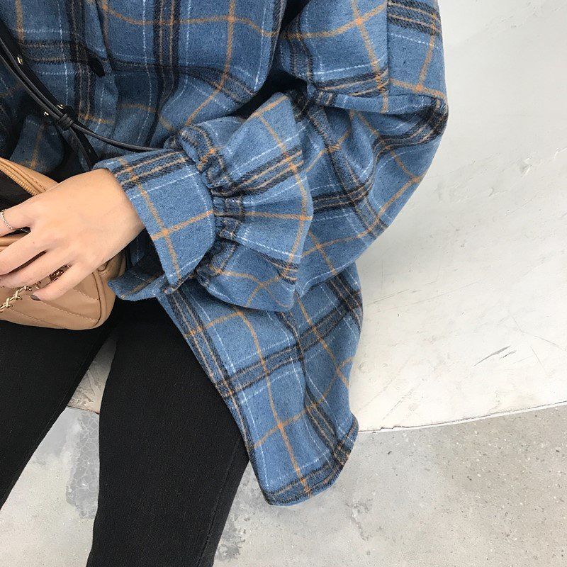 Women Blouses Turn-Down Collar Spring Shirts Plaid All-Match Bf Batwing-Sleeve Loose Outwear Female Chic New Long Sleeve Jacket