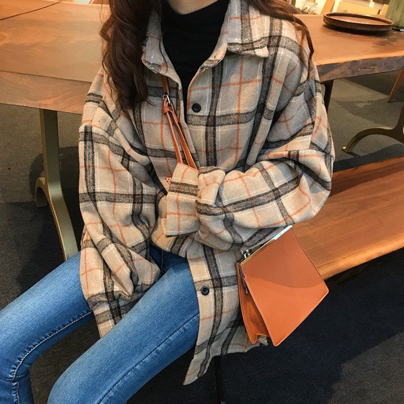 Women Blouses Turn-Down Collar Spring Shirts Plaid All-Match Bf Batwing-Sleeve Loose Outwear Female Chic New Long Sleeve Jacket