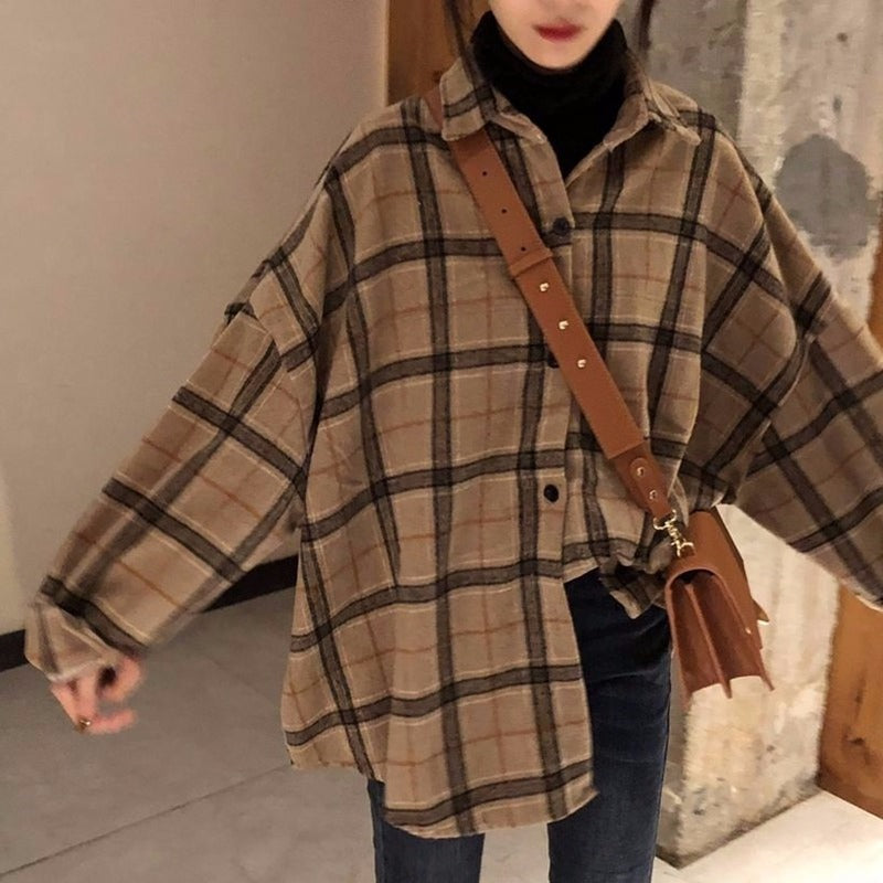 Women Blouses Turn-Down Collar Spring Shirts Plaid All-Match Bf Batwing-Sleeve Loose Outwear Female Chic New Long Sleeve Jacket