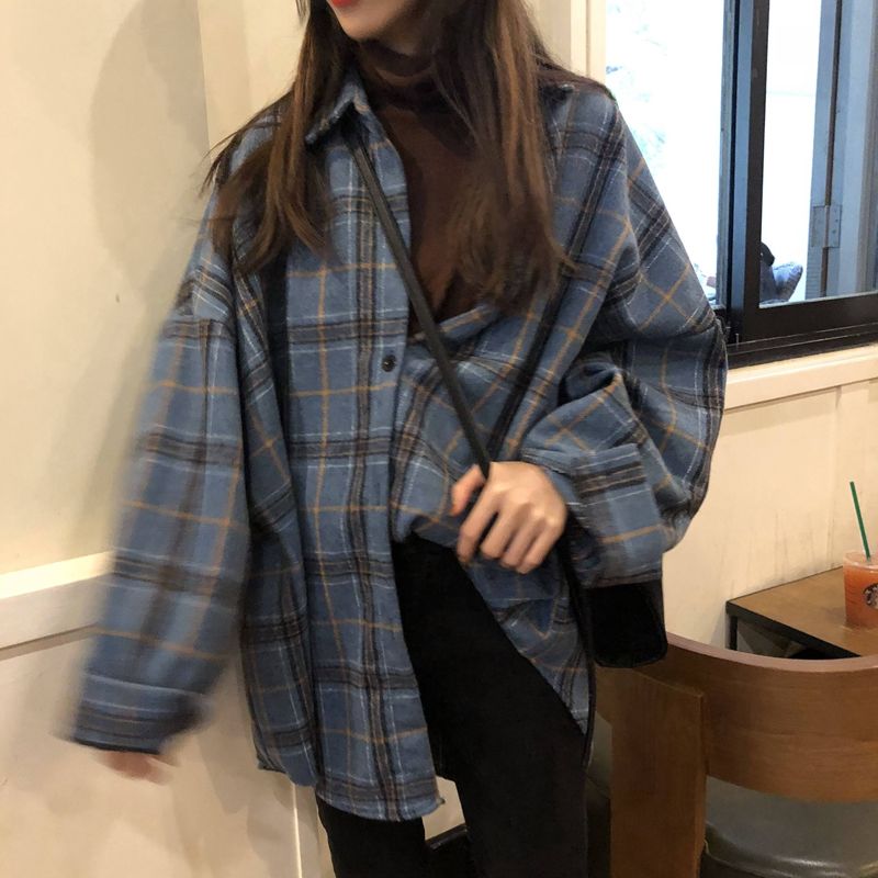 Women Blouses Turn-Down Collar Spring Shirts Plaid All-Match Bf Batwing-Sleeve Loose Outwear Female Chic New Long Sleeve Jacket