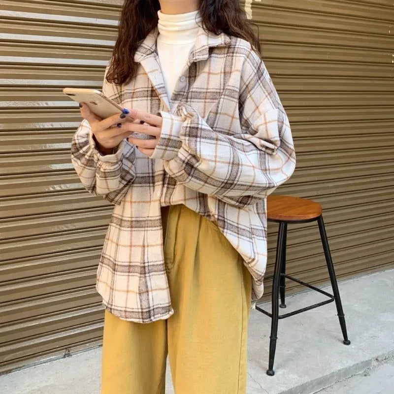 Women Blouses Turn-Down Collar Spring Shirts Plaid All-Match Bf Batwing-Sleeve Loose Outwear Harajuku Female 4 Colors Chic New