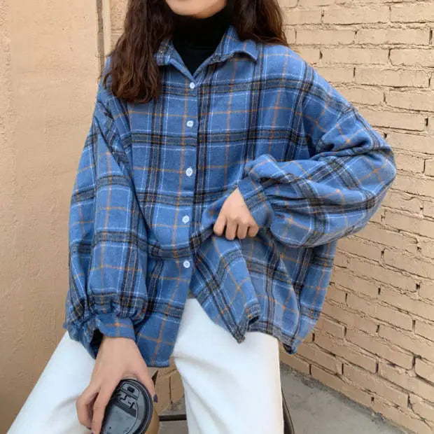 Women Blouses Turn-Down Collar Spring Shirts Plaid All-Match Bf Batwing-Sleeve Loose Outwear Harajuku Female 4 Colors Chic New