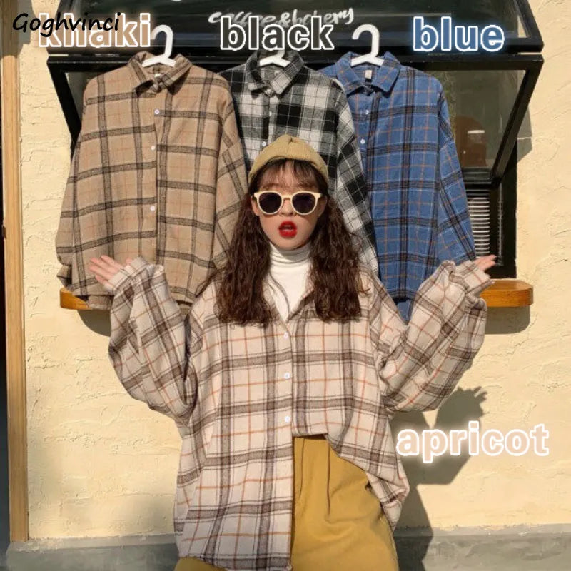 Women Blouses Turn-Down Collar Spring Shirts Plaid All-Match Bf Batwing-Sleeve Loose Outwear Harajuku Female 4 Colors Chic New