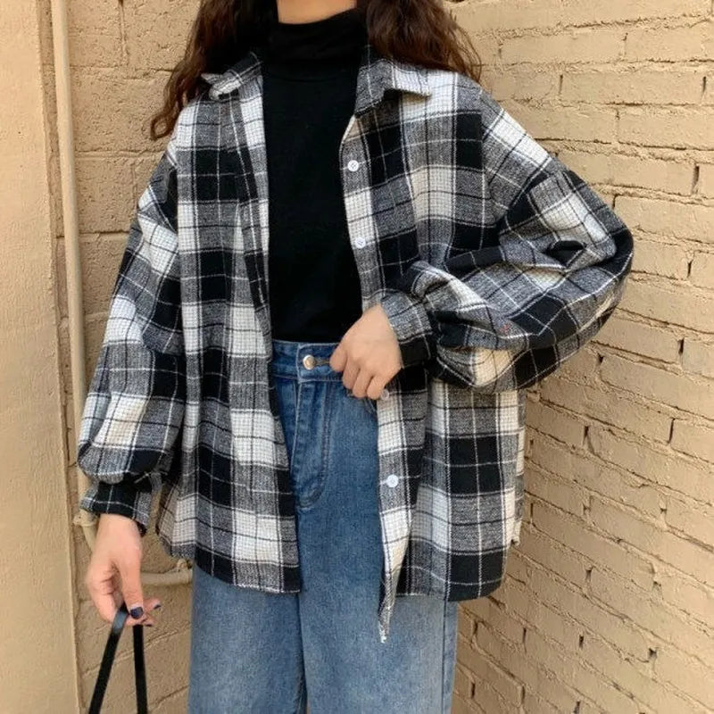 Women Blouses Turn-Down Collar Spring Shirts Plaid All-Match Bf Batwing-Sleeve Loose Outwear Harajuku Female 4 Colors Chic New