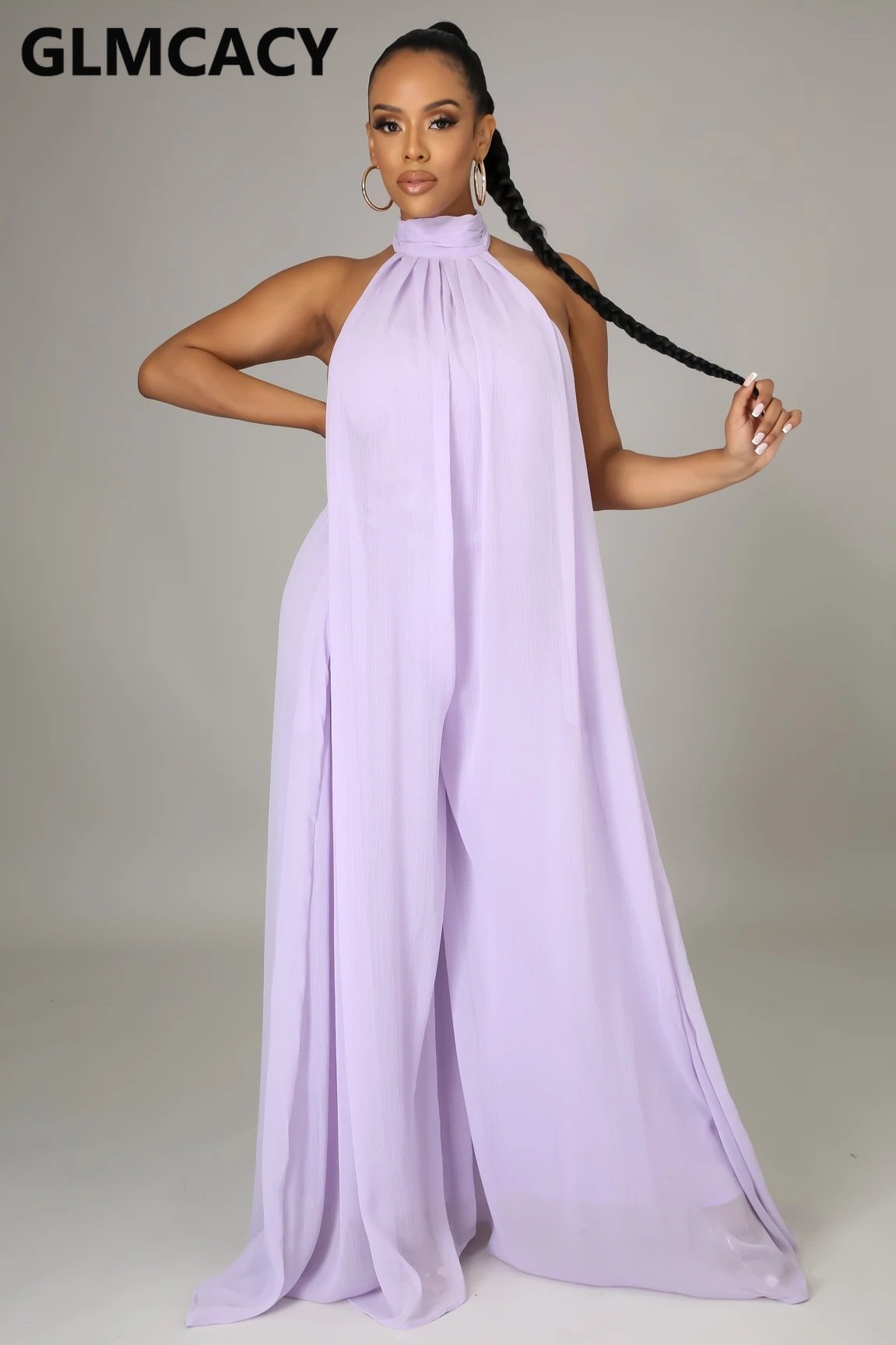 Women Chiffon Halter Backless Jumpsuits Loose Style Long Overalls Elegant Party Club Jumpsuit