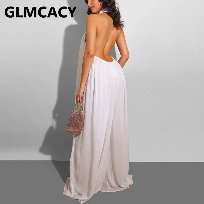 Women Chiffon Halter Backless Jumpsuits Loose Style Long Overalls Elegant Party Club Jumpsuit
