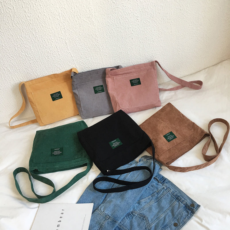 Women Corduroy Shoulder Bag Quality Canvas Crossbody Bags Simple Cloth Fabric Handbag Tote Solid Zipper Messenger Bags For Girls