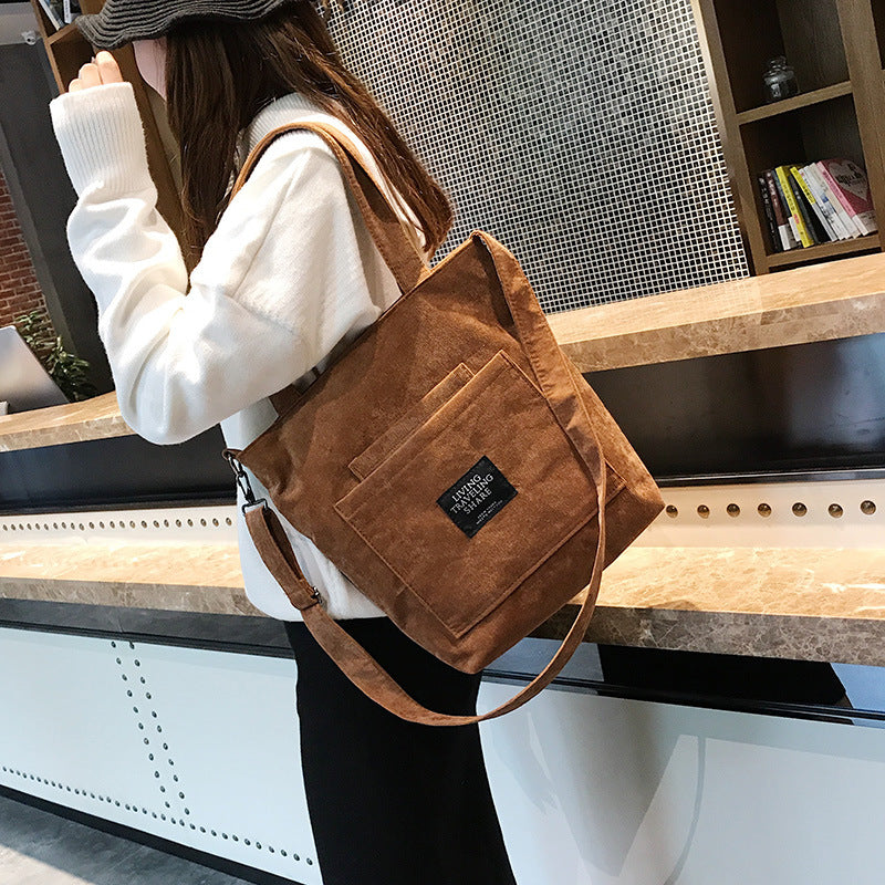 Women Corduroy Shoulder Bags Striped Cloth Fabric Handbags Casual Zip Tote Canvas Crossbody Bag Cute Shopping Bag For Ladies