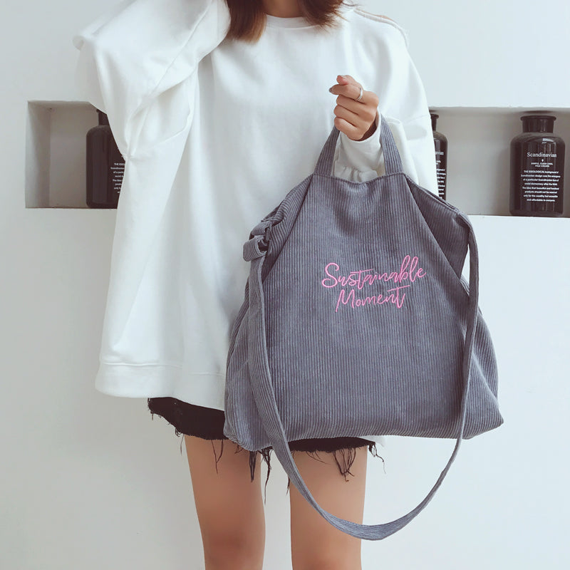 Women Corduroy Shoulder & Crossbody Bags Female Eco Cloth Handbag Large Capacity Zipper Totes Soft Embroidery Messenger Bag