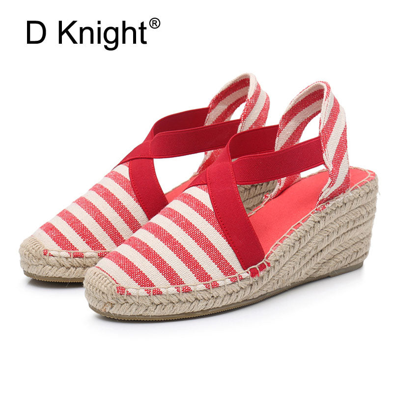 Women Espadrilles Wedge Sandals Ankle Strap Summer Canvas Platform Wedges Fashion Stripes Slip On Women Platform High Heel Shoes