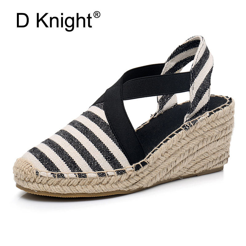 Women Espadrilles Wedge Sandals Ankle Strap Summer Canvas Platform Wedges Fashion Stripes Slip On Women Platform High Heel Shoes