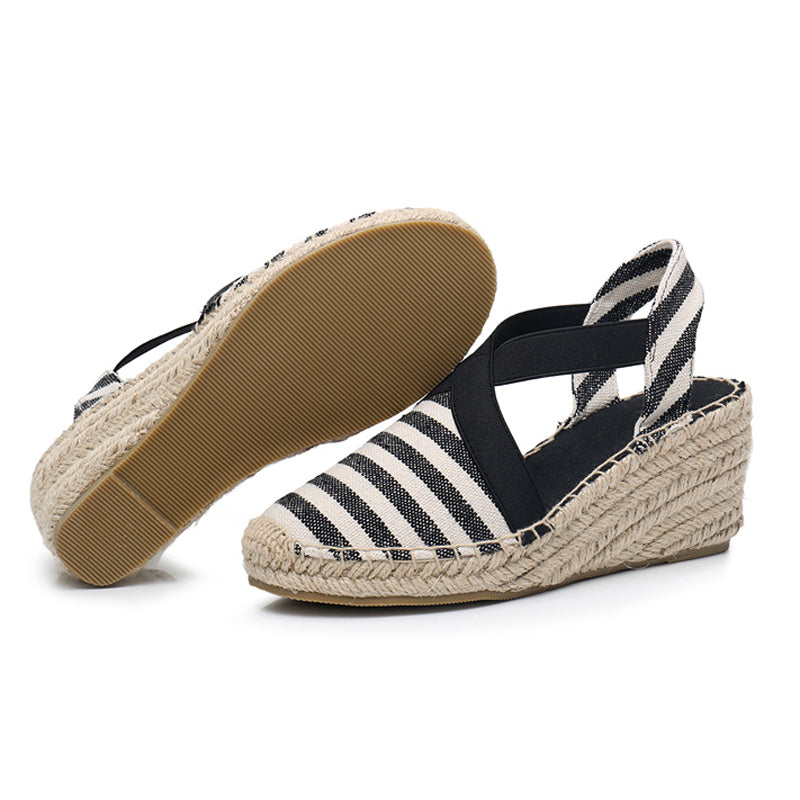 Women Espadrilles Wedge Sandals Ankle Strap Summer Canvas Platform Wedges Fashion Stripes Slip On Women Platform High Heel Shoes