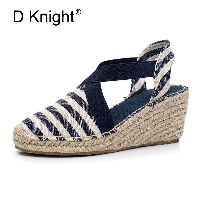 Women Espadrilles Wedge Sandals Ankle Strap Summer Canvas Platform Wedges Fashion Stripes Slip On Women Platform High Heel Shoes