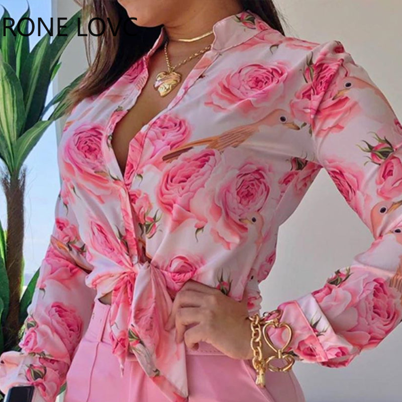 Women Floral Print Long Sleeve Drawstring Hem Loose Blouse Long Sleeve Shirt Women Tops And Blouses