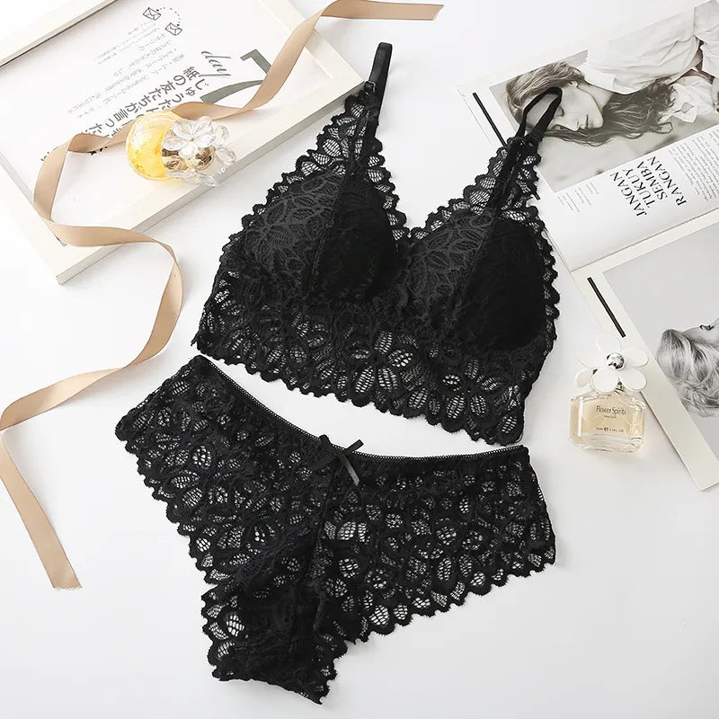Women Lace Bra Set Deep V Bra And Panties Set Lace Bralette Seamless Underwear Embroidery Intimates Female Sexy Lingerie Set