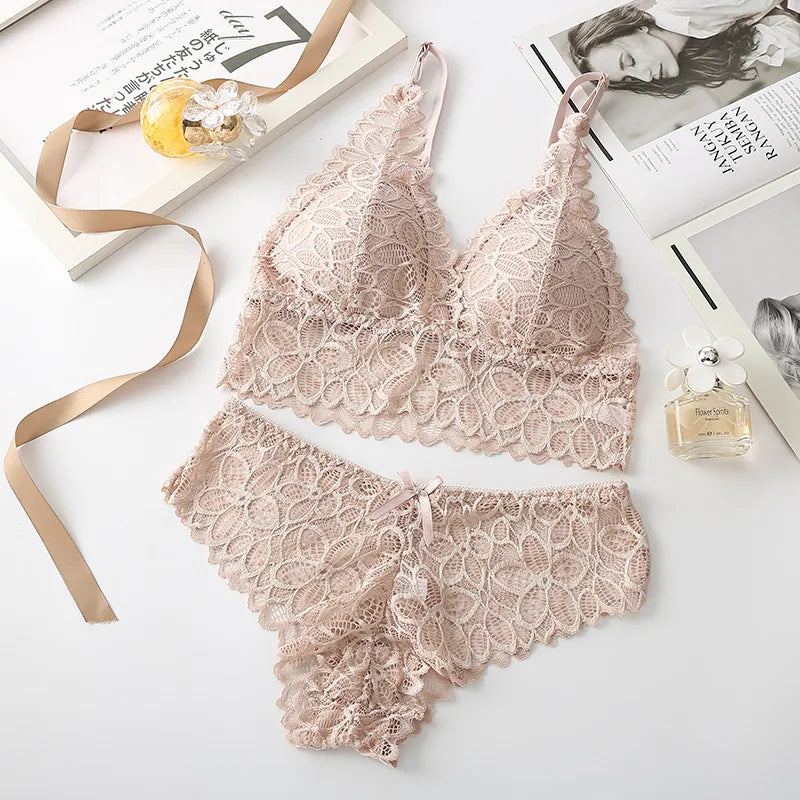 Women Lace Bra Set Deep V Bra And Panties Set Lace Bralette Seamless Underwear Embroidery Intimates Female Sexy Lingerie Set