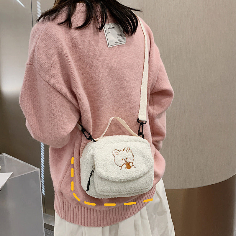 Women Little Plush Shoulder Bag Female Small Canvas Cross Body Bags Ladies Embroidery Zipper Cloth Purse Mobile Phone Bag Tote