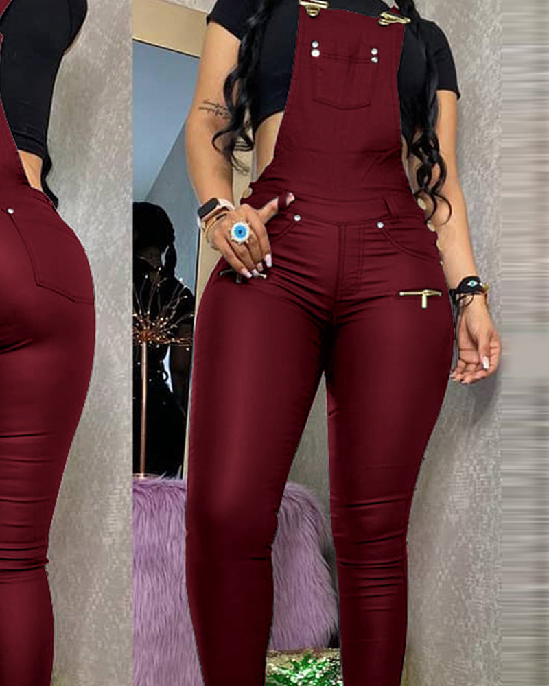 Women Pu Buckled Zipper Design Suspender Jumpsuit  Thick Strap Pocket Pu Pockets Romper Outfits