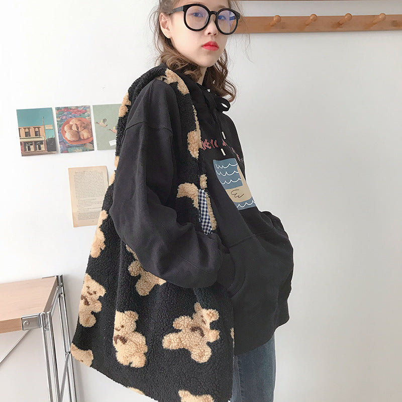 Women Plush Shoulder Bag Warm Cloth Fabric Handbag Soft Canvas Tote Large Capacity Shopping Bags Cute Bear Book Bags For Girls