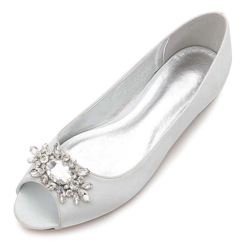 Women Satin Crystals Wedding Flats For Bride Peeptoe Slip On Formal Evening Party Dress Flat Shoes Women