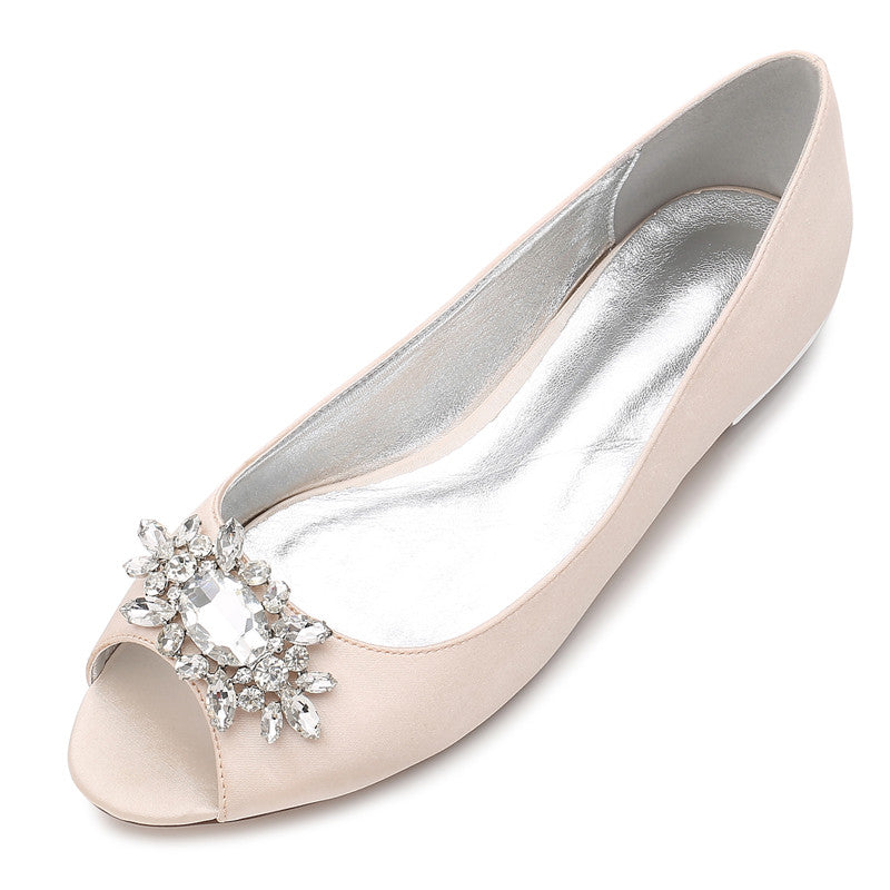 Women Satin Crystals Wedding Flats For Bride Peeptoe Slip On Formal Evening Party Dress Flat Shoes Women