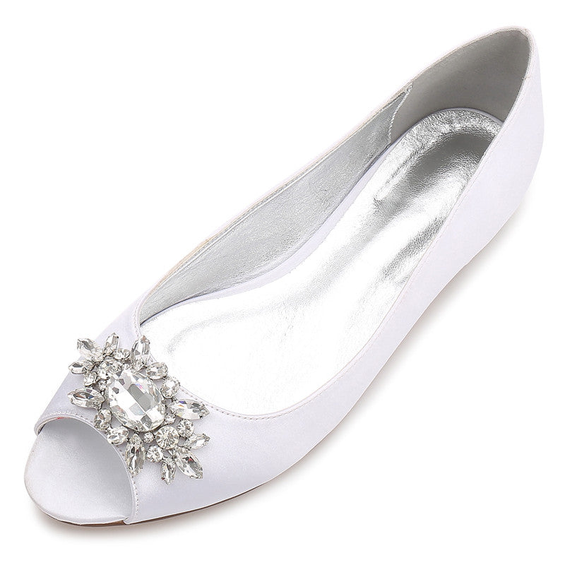 Women Satin Crystals Wedding Flats For Bride Peeptoe Slip On Formal Evening Party Dress Flat Shoes Women