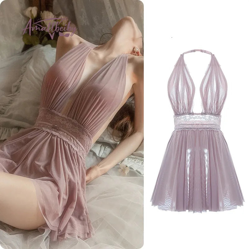 Women Sleepwear Sexy Sleeping Nightdress Lace Waistband Marilyn Monroe Costume Dress Lace Sling Fairy Young Girl Night Gown