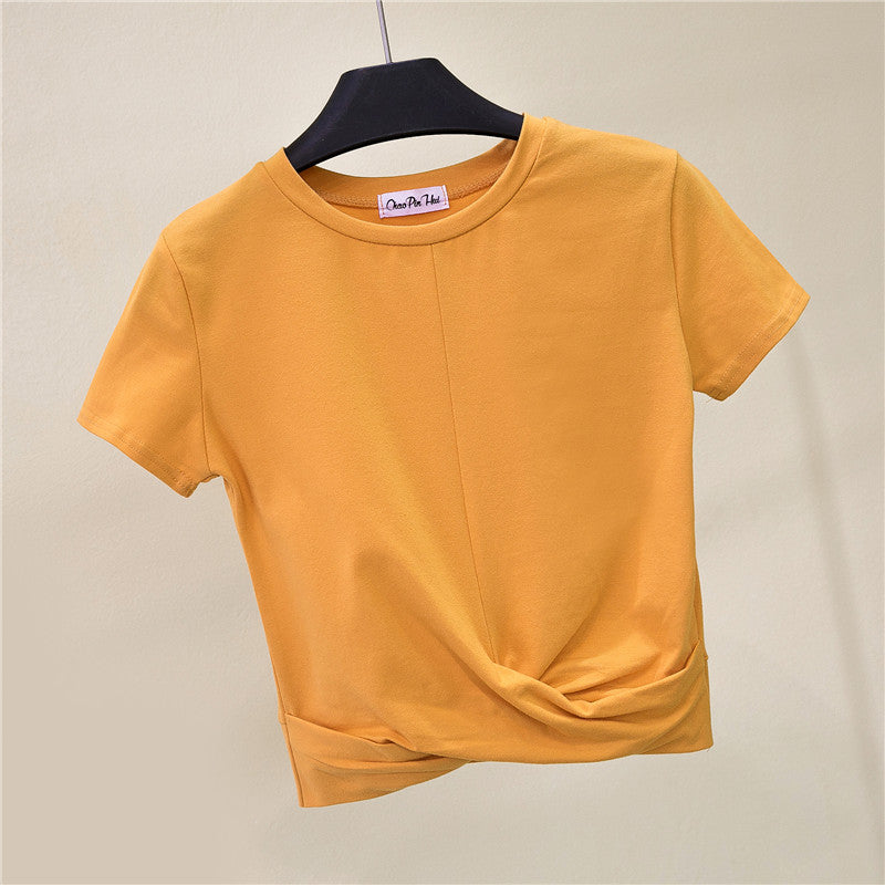 Women'S T-Shirt Crop Top Summer Shirt Cross O-Neck Women Crop Top T-Shirt Casual Solid T-Shirt Cotton High Waist Camiseta Mujer