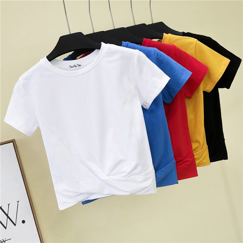 Women'S T-Shirt Crop Top Summer Shirt Cross O-Neck Women Crop Top T-Shirt Casual Solid T-Shirt Cotton High Waist Camiseta Mujer