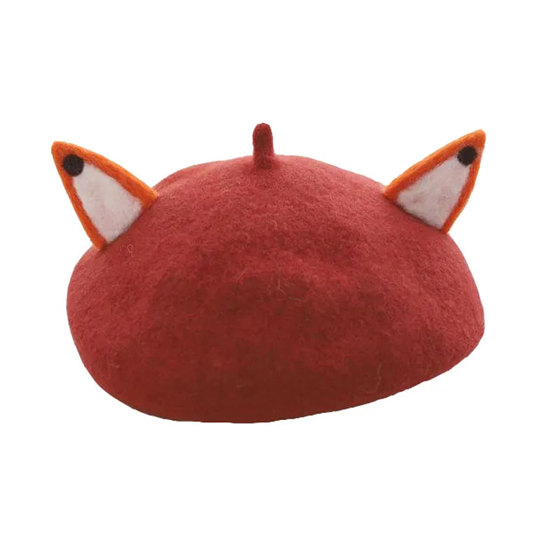 Women'S Winter Beret Cap Wool Cute Rabbit Cat Bear Fox Ears Blend Casual Warm Painter Hat Handmade Lovely Beret Hat For Girls Rh