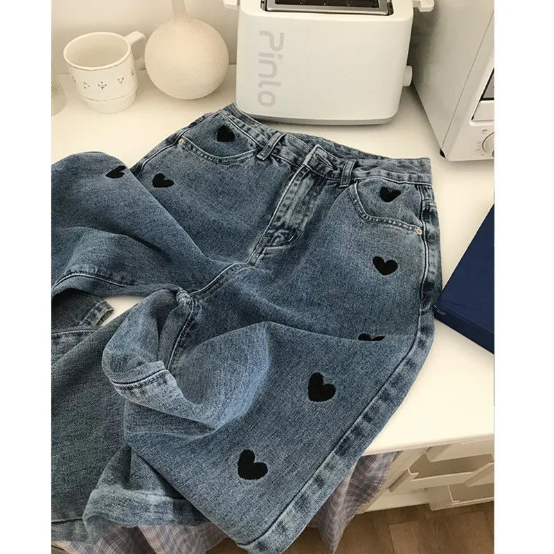 Women'S Jeans 2021 Spring And Autumn New Korean Love Embroidery Casual Straight Trousers High Waist Slim Jeans Women Loose B018