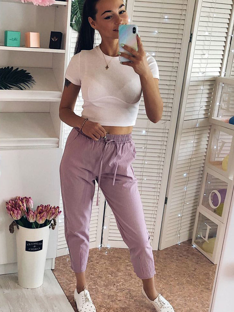 Womens Spring Summer Pants Cotton Linen Solid Elastic Waist Candy Colors Harem Trousers Soft High Quality For Female Ladys S-Xxl