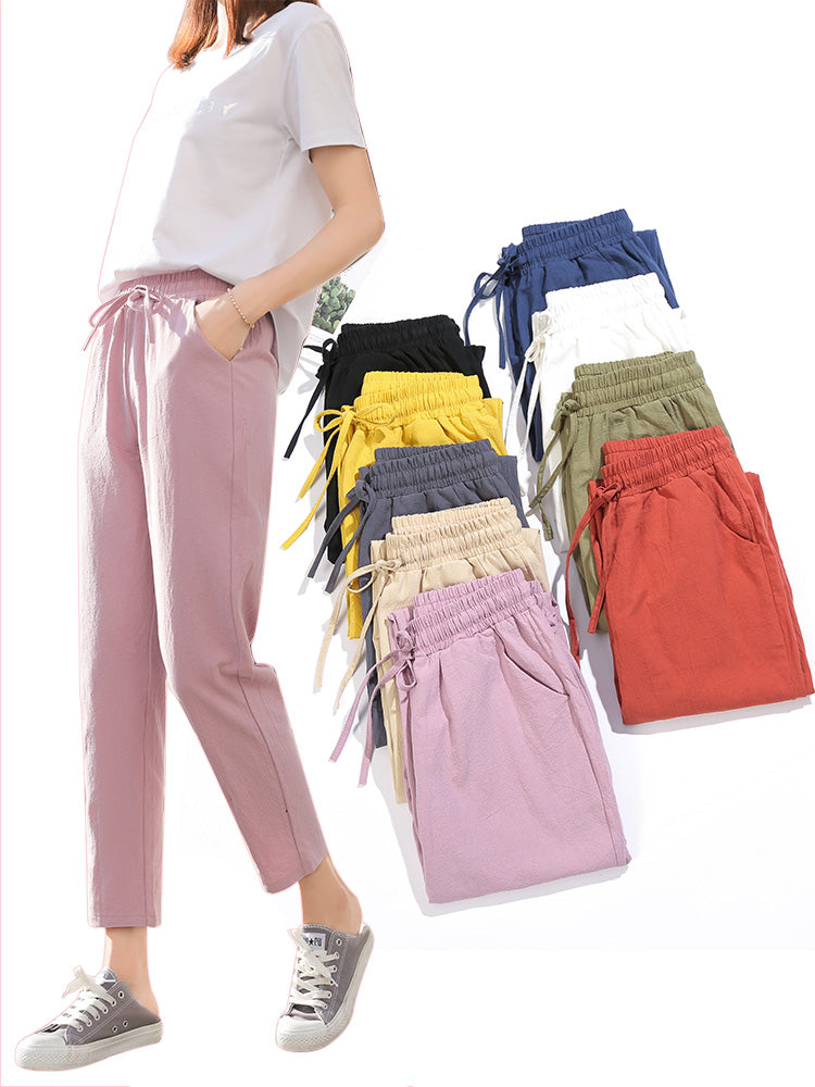 Womens Spring Summer Pants Cotton Linen Solid Elastic Waist Candy Colors Harem Trousers Soft High Quality For Female Ladys S-Xxl