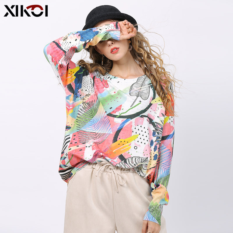 Xikoi Women Knitted Print Sweater Dress Long Sleeve Loose Kint Sweater Ladies Tops Pullover Winter Knitted Jumper Oversized Pull