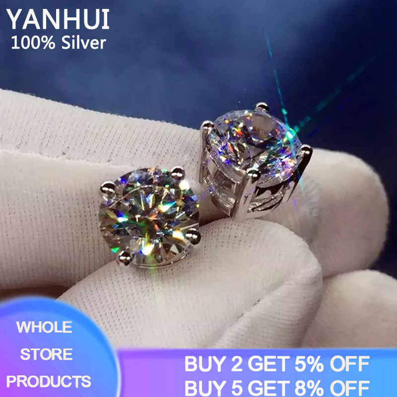 Yanhui Solitaire 1.0Ct/2.0Ct Cz Zircon Stud Earring Real Tibetan Silver Jewelry Engagement Wedding Earrings For Women Men