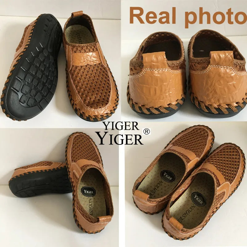 Yiger New Men Net Shoes Genuine Leather Summer Casual Men Sandals Men Loafers Shoes Lazy Style  Breathable Large Size 38-48 2023