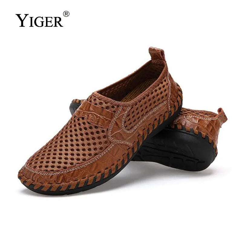 Yiger New Men Net Shoes Genuine Leather Summer Casual Men Sandals Men Loafers Shoes Lazy Style  Breathable Large Size 38-48 2023