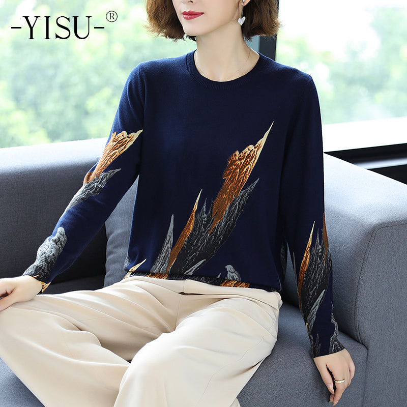 Yisu 2020 Autumn Winter Casual Knitted Sweater Women Pullover Sweaters Loose Jumper O Neck Long Sleeve Printed Sweater Women